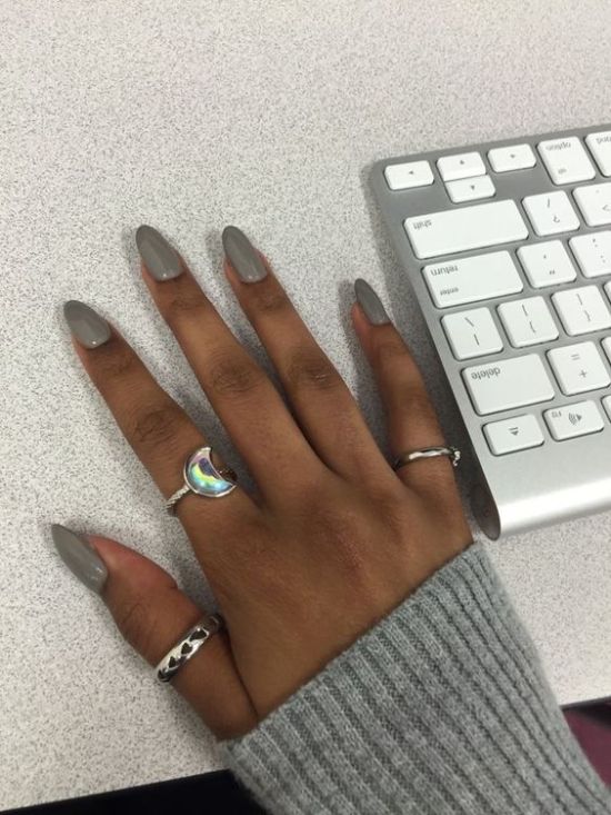 Sophisticated Medium Grey Long Almond — Winter Nail Colors for Dark Skin