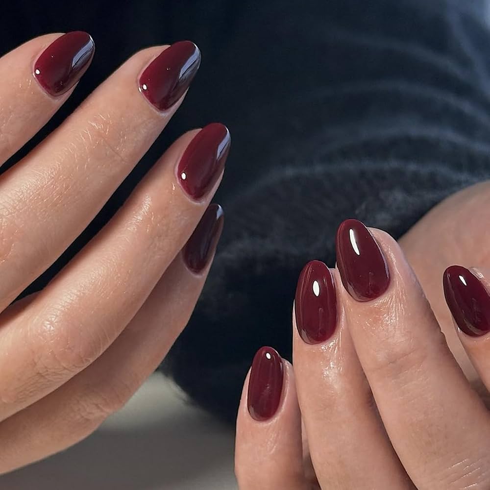 Deep Burgundy Red Glossy Nails — Short Winter Acrylic Nails