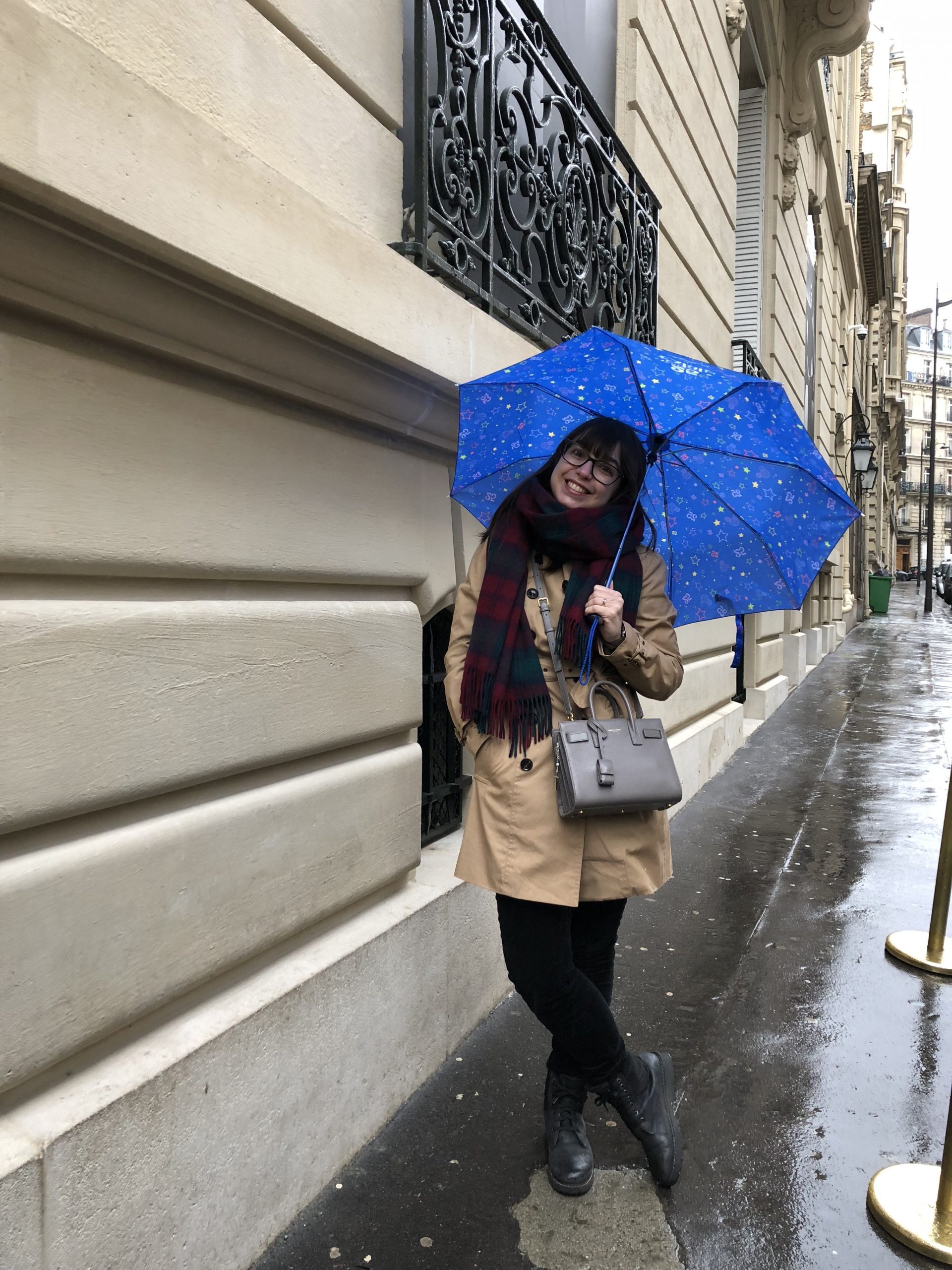 Green and Burgundy Scarf Adds Color to a Beige Trench Coat Look — Colorful Winter Outfits
