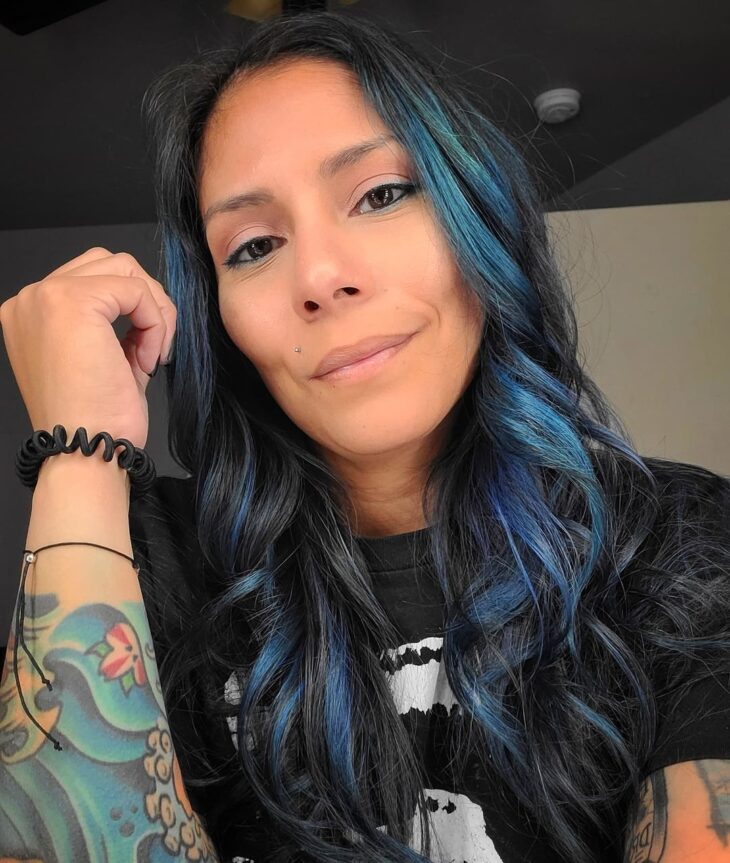 Blue Highlights On Dark Collarbone Waves — Blue Black Hair