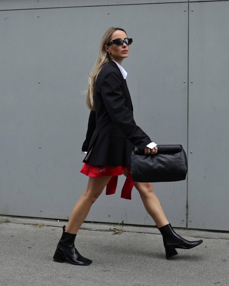 City Chic: Pleated Skirt, Blazer, and Block Heel Boots — Ankle Boots Outfits