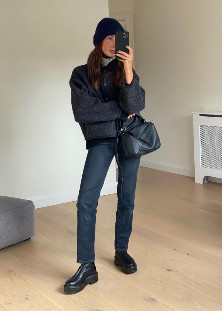 Slim Jeans with a Textured Jacket and Chunky Boots — Winter Outfits with Jeans