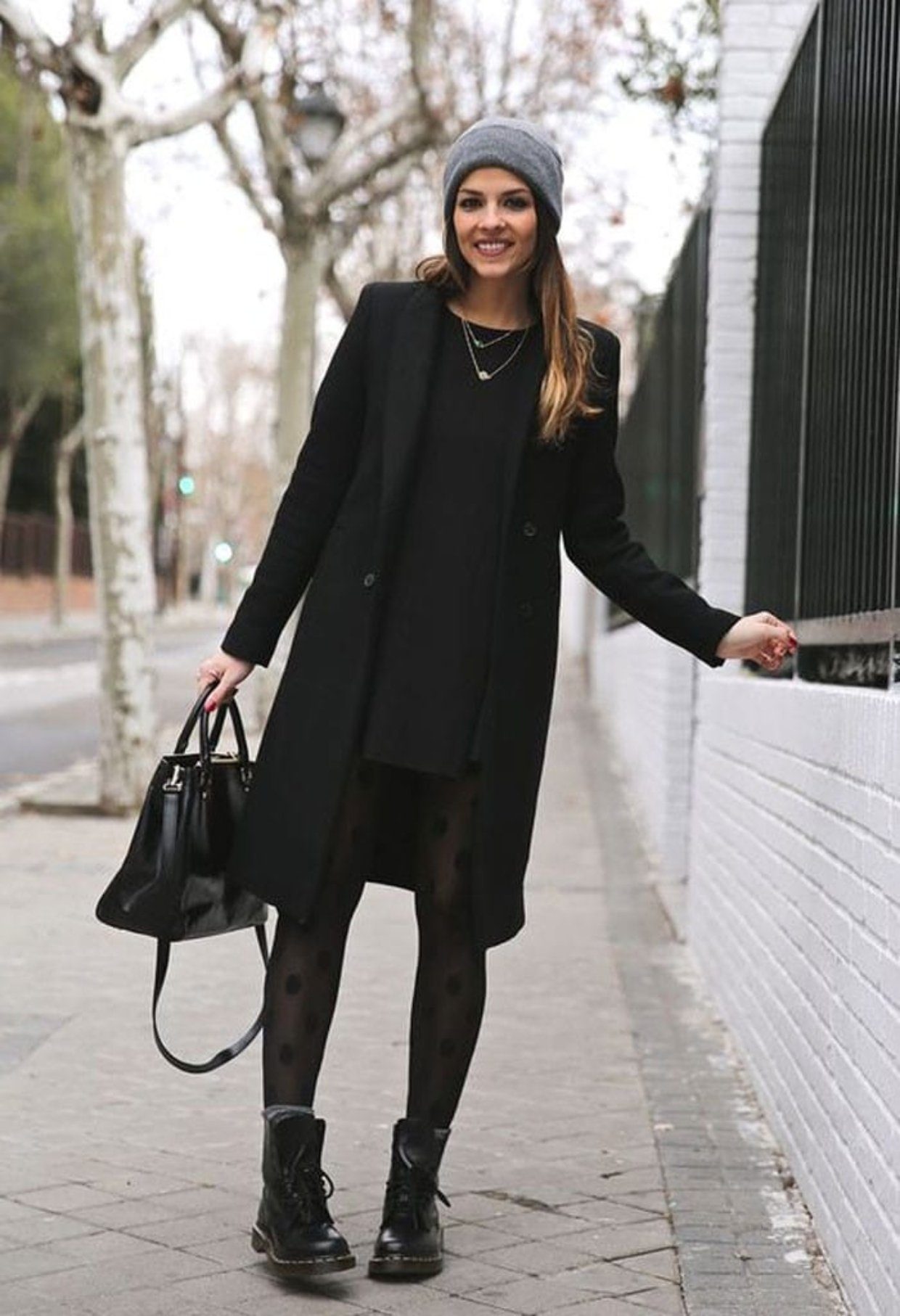 All-Black Elegance with Polka Dot Tights — Winter College Outfits