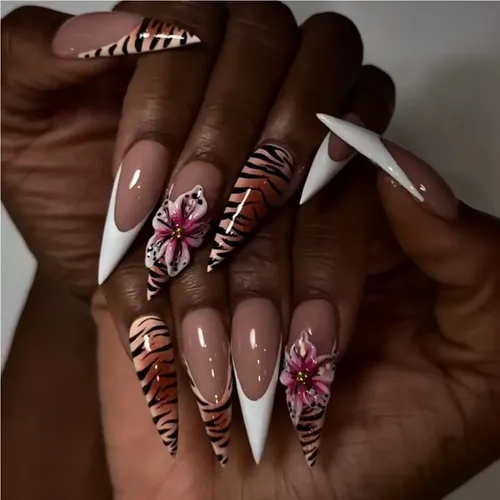 Tiger Print & 3D Floral Stiletto Nails Tiger Print & 3D Floral Stiletto Nails — Winter Stiletto Nails