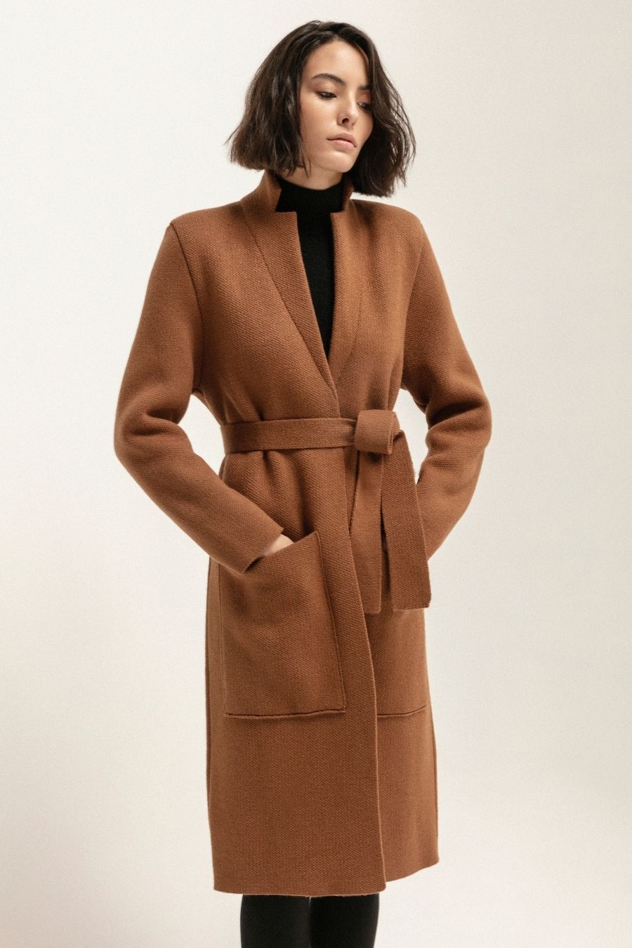 Textured Brown Tie-Waist Wool Coat with Black Turtleneck — Neutral Winter Outfits