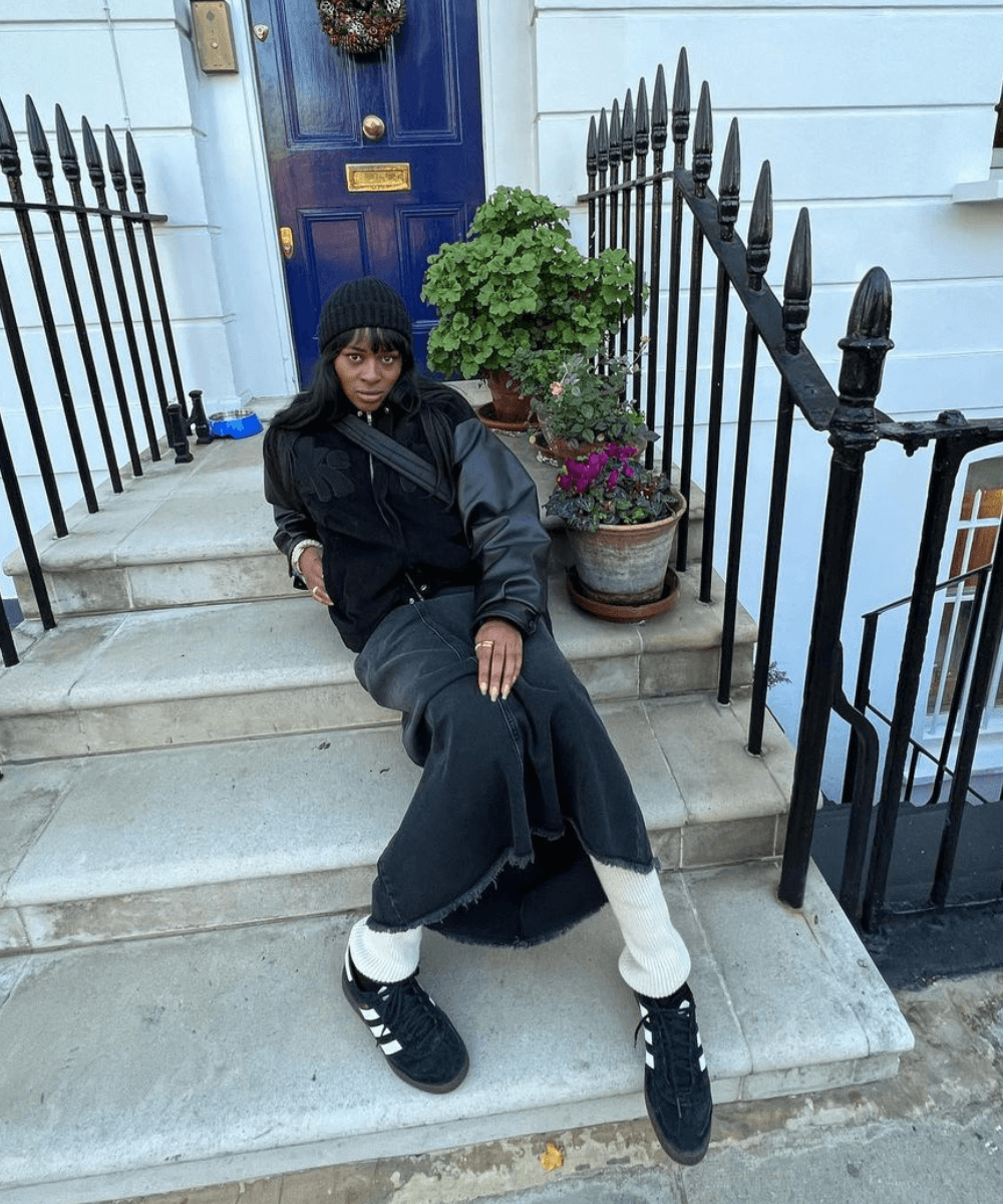 Streetwear Style: Bomber Jacket with Cream Leg Warmers and Denim Skirt — Leg Warmers Outfits