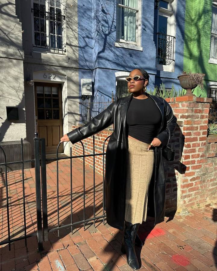Casual Daywear with Black Leather Coat and Knit Midi Skirt — Black Coat Outfits
