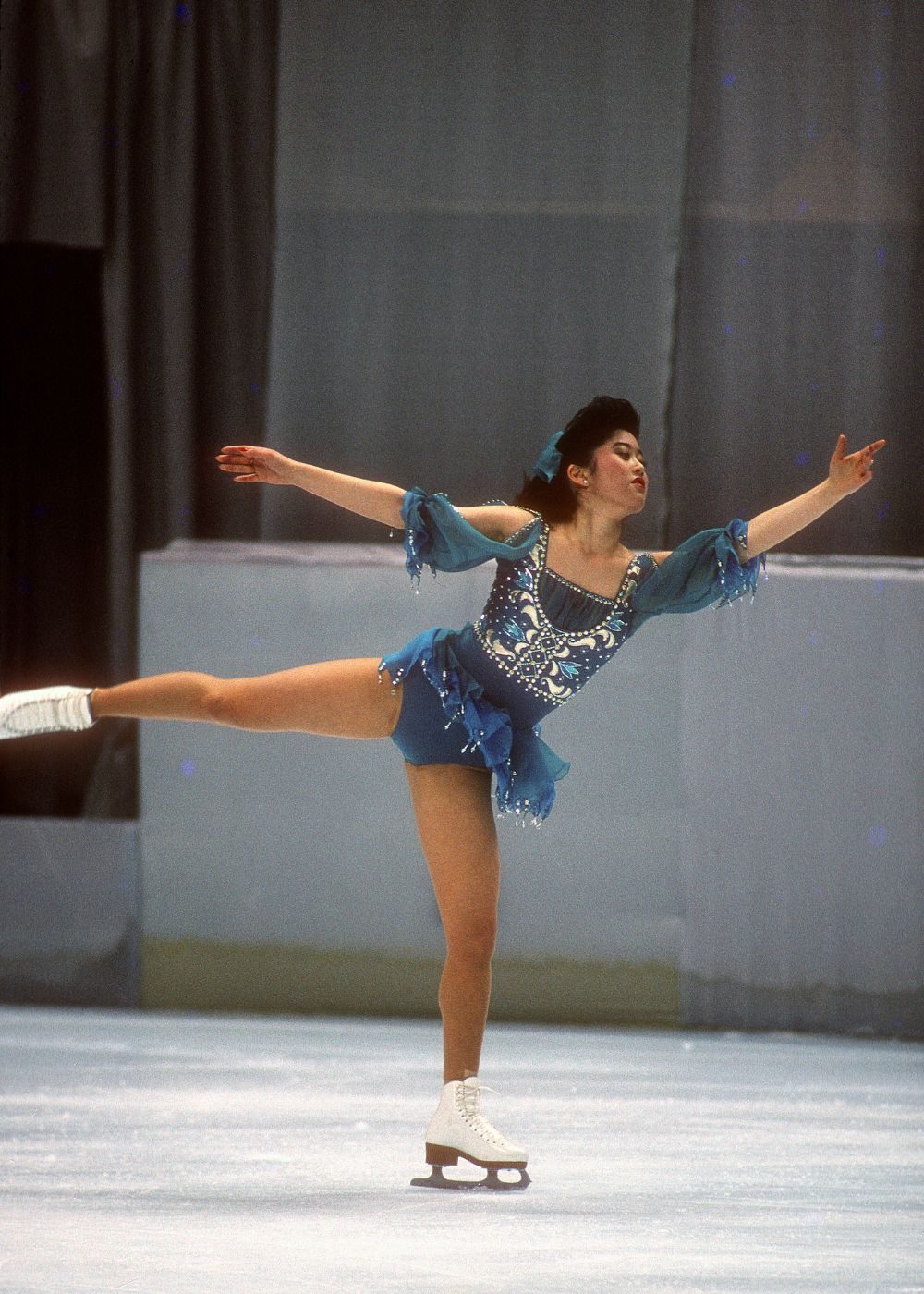 Blue Embellished Leotard with Sheer Sleeves and Flared Skirt Overlay Blue Embellished Leotard with Sheer Sleeves and Flared Skirt Overlay — Ice Skating Outfits