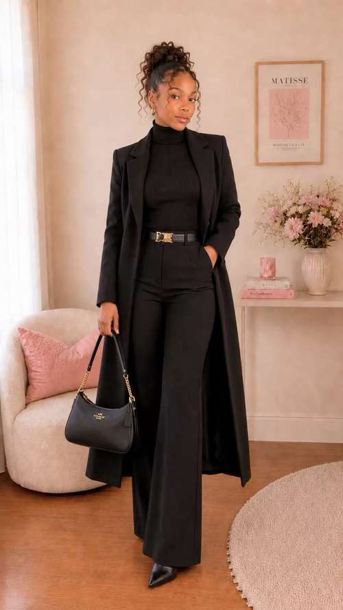 Monochromatic Black Elegance: Turtleneck, Flared Pants, and Longline Coat Monochromatic Black Elegance: Turtleneck, Flared Pants, and Longline Coat — Winter Dinner Outfits