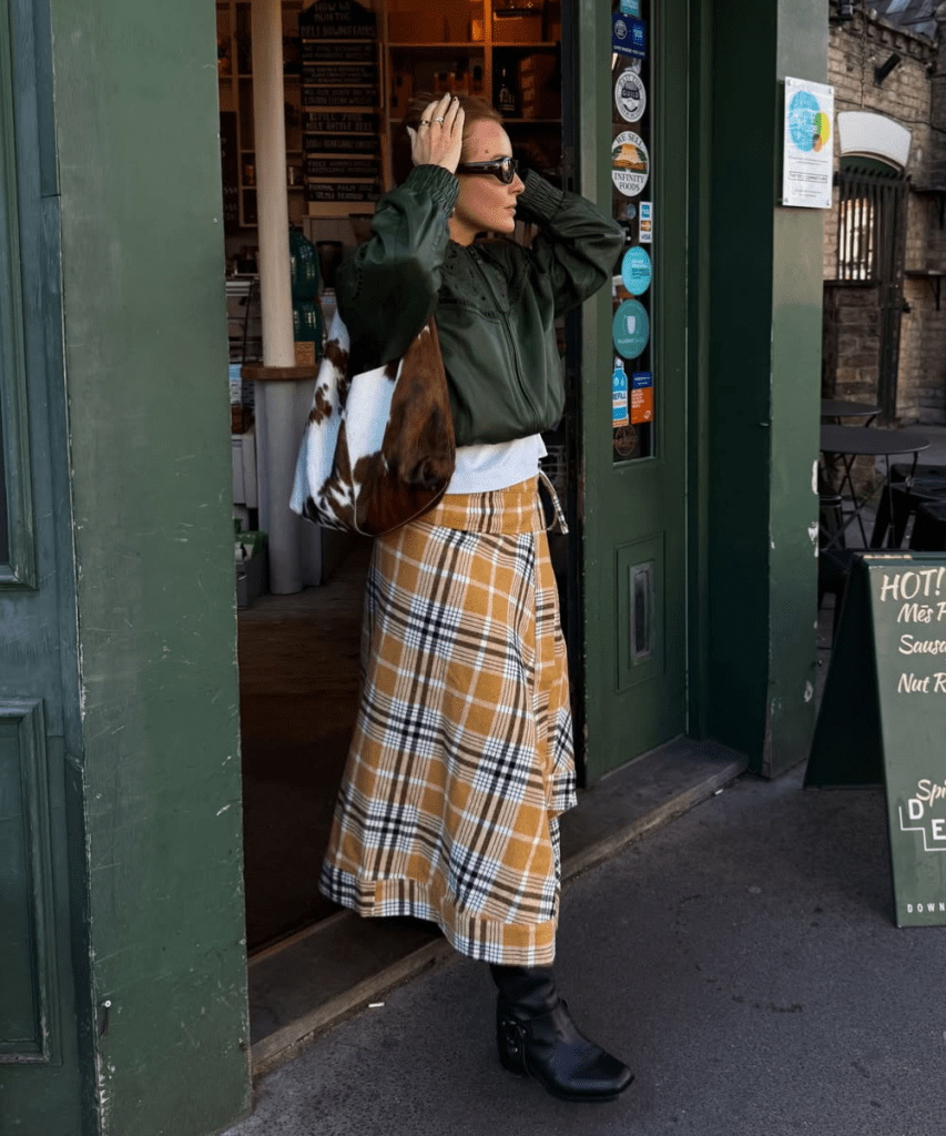 Plaid Wrap Skirt with Utility Jacket and Leather Boots — Winter Skirt Outfits