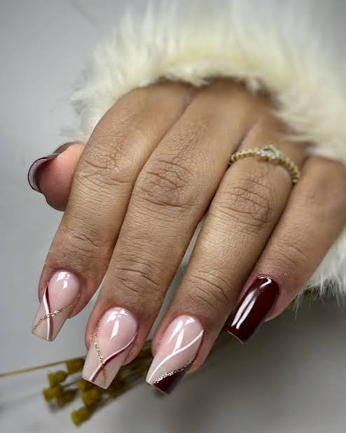 Sheer Pink Gold Foil Dark Red French Coffin Sheer Pink Gold Foil Dark Red French Coffin — Fall to Winter Nails