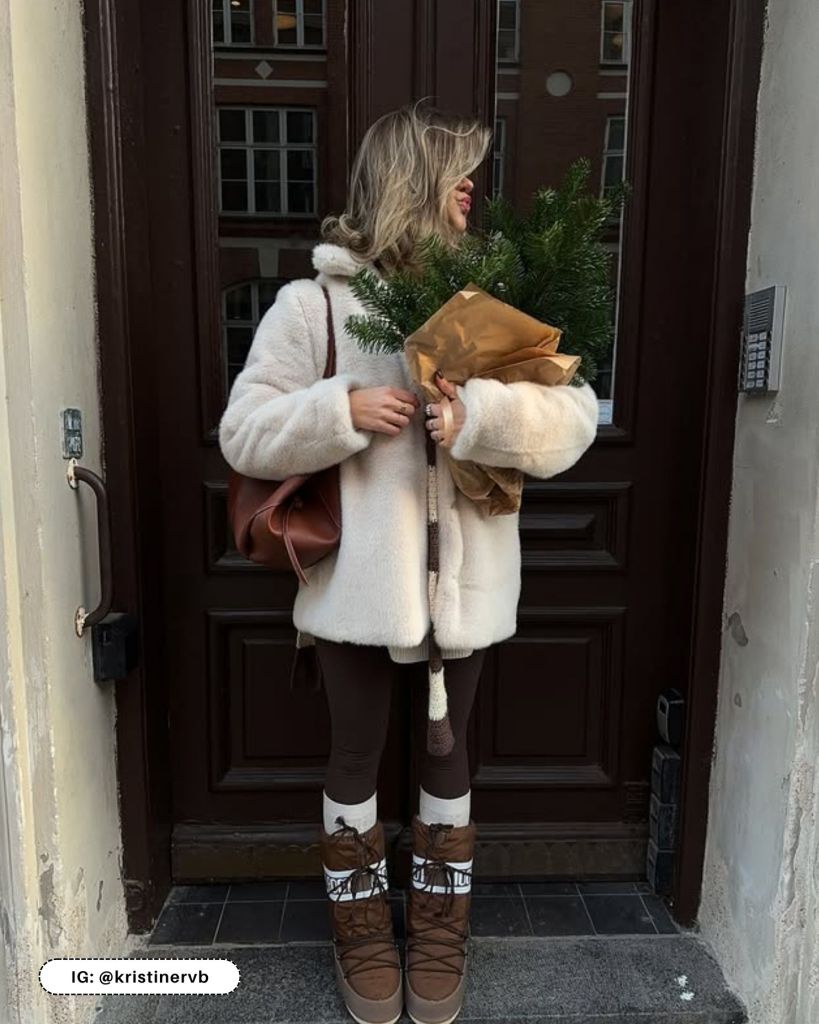 Brown Moon Boots With White Laces Outfit Idea Brown Moon Boots With White Laces Outfit Idea — Moon Boots Outfits