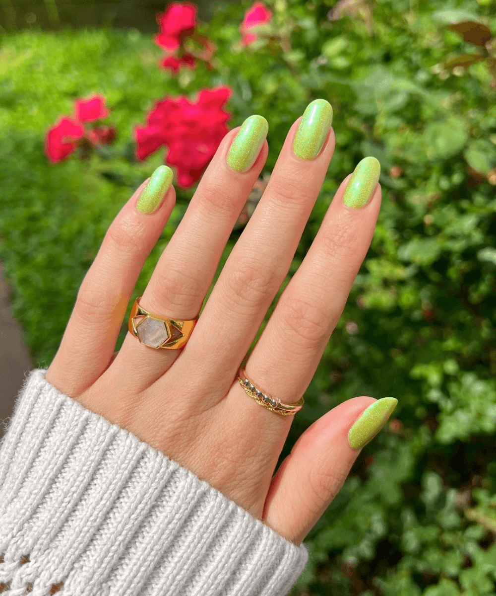 Vibrant Shimmer Lime Green Nails — Winter to Spring Transition Nails