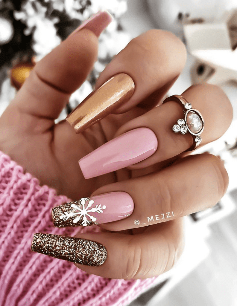 Pink Gold Glitter Snowflake Coffin Nails — Long Winter Nails