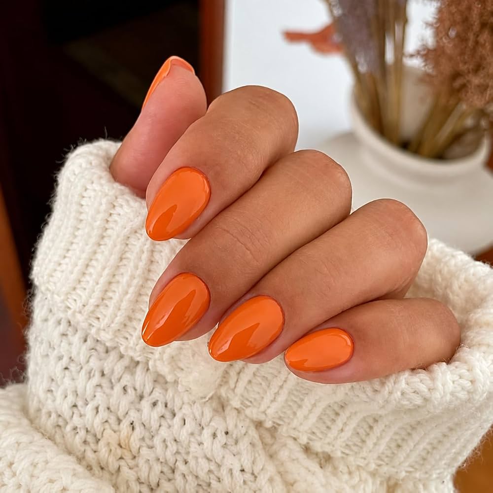 Bright Orange Glossy Medium Almonds Bright Orange Glossy Medium Almonds — Winter Acrylic Nails