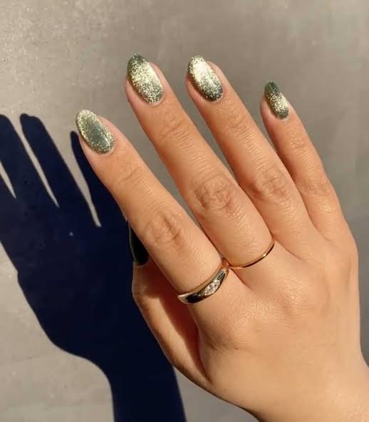 Olive Green Glitter Short Oval — Velvet Nails