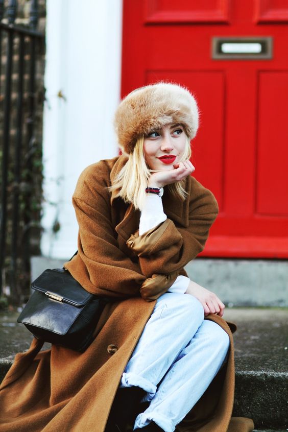 Cozy Brown Fur Hat with Long Wool Coat and Jeans — Fur Hat Outfits