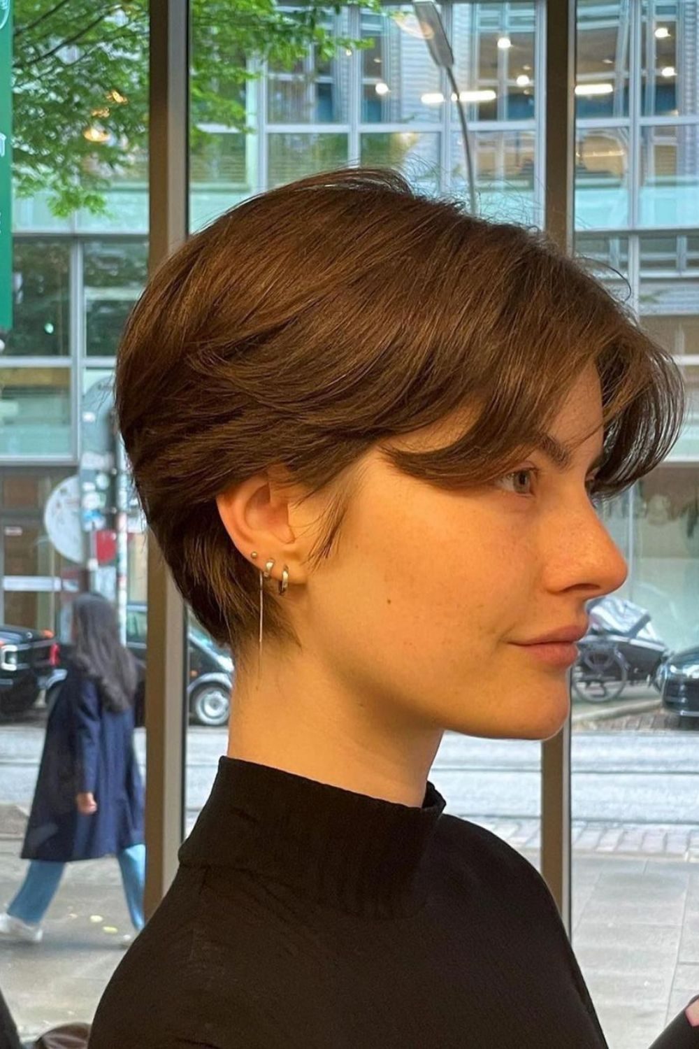 Brown Pixie Cut With Layered Side Bangs — Winter Pixie Haircuts