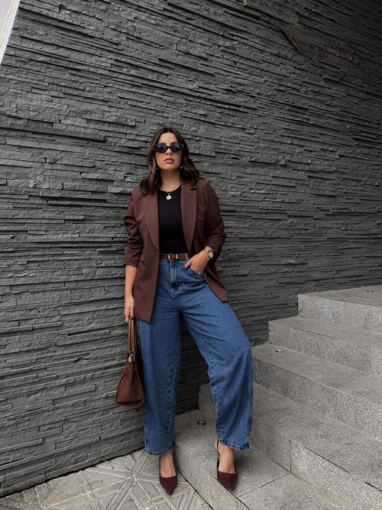 Smart Casual: Oversized Brown Blazer with Wide-Leg Jeans — Brown Coat Outfits