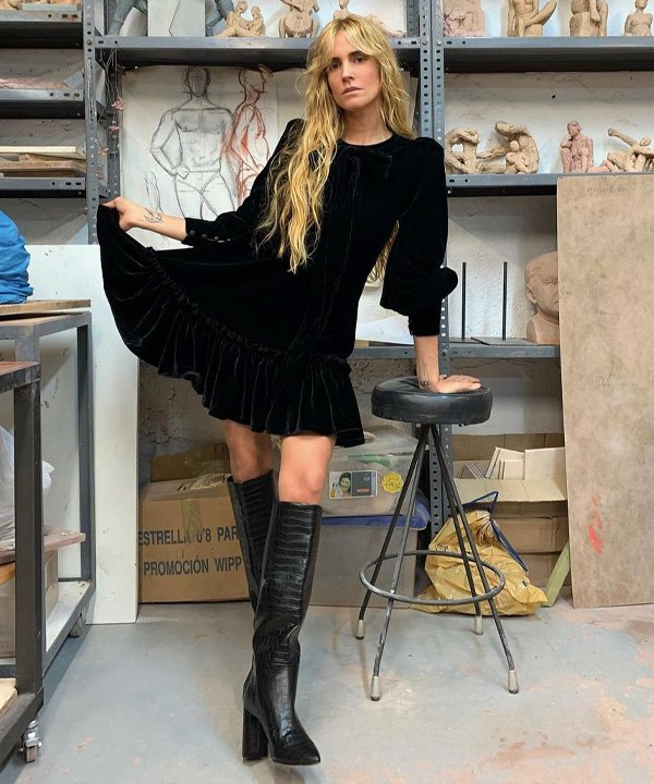 Playful Black Velvet Mini Dress with Knee-High Boots — Winter Dress Outfits