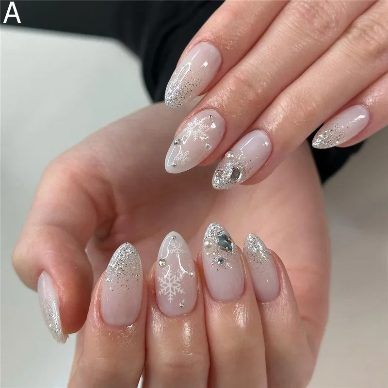 Sheer Milky Pink Almonds with Snowflake Sparkle — Snowflake Nails