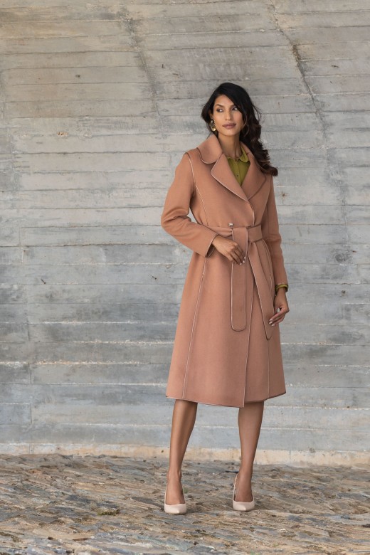 Camel Wool-Blend Coat with Contrast Stitching — Long Coat Outfits
