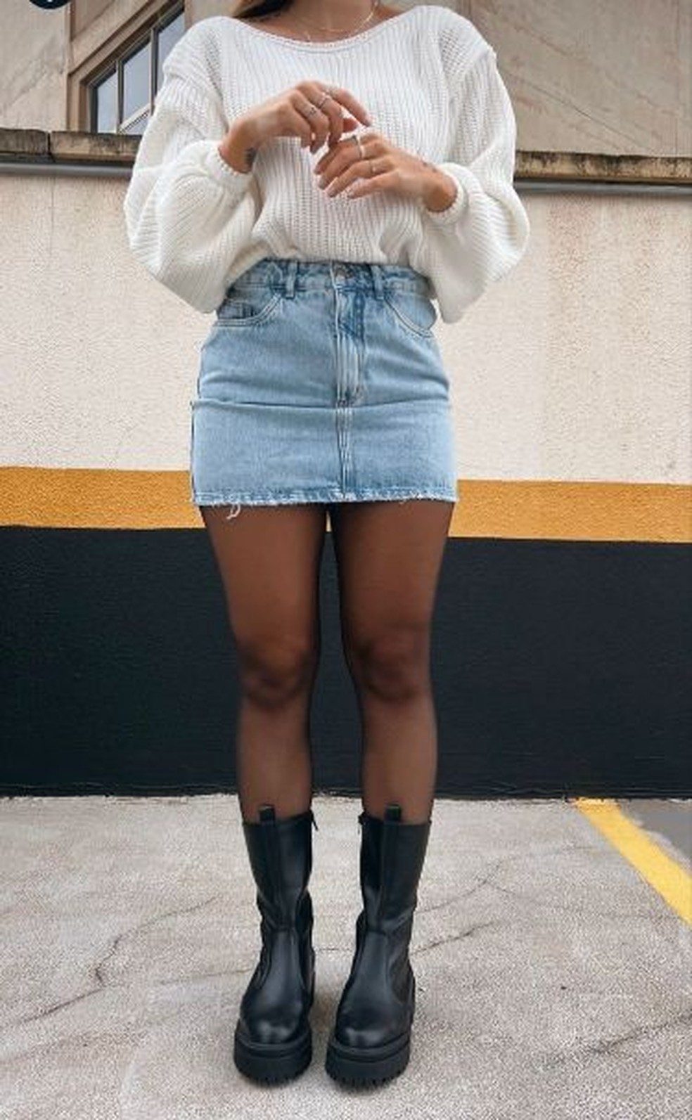 Sheer Black Tights with Denim Mini Skirt and White Sweater — Tights Outfits