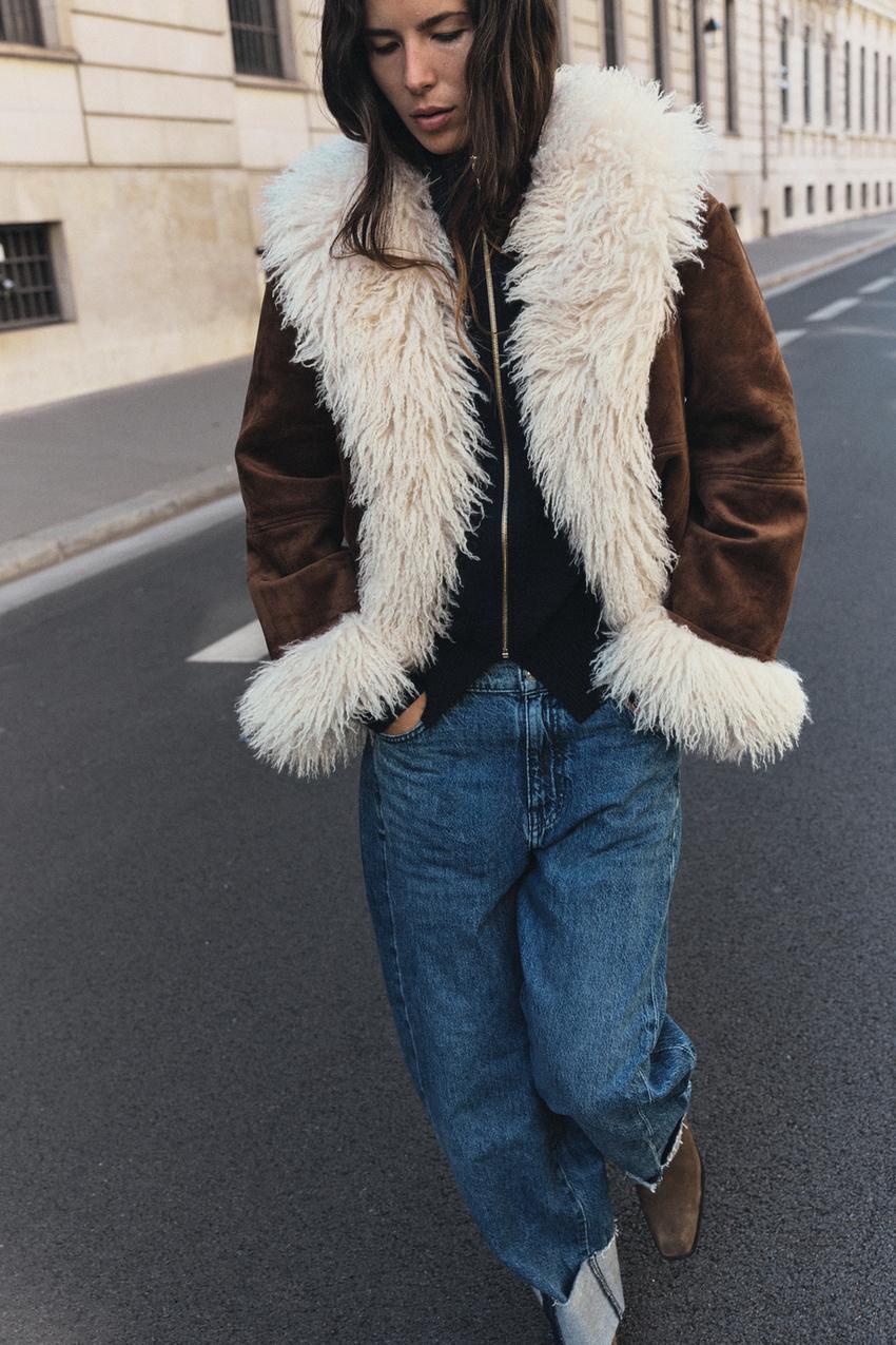 Brown Suede Shearling Jacket with Contrasting Details — Shearling Coat Outfits