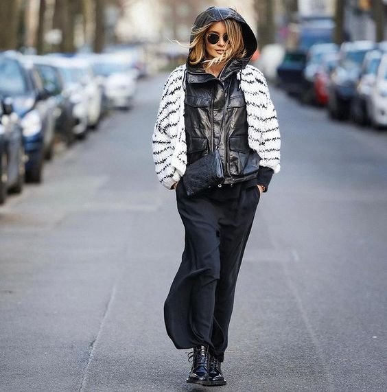 Edgy Leather Vest with Striped Sleeves — Early Winter Outfits