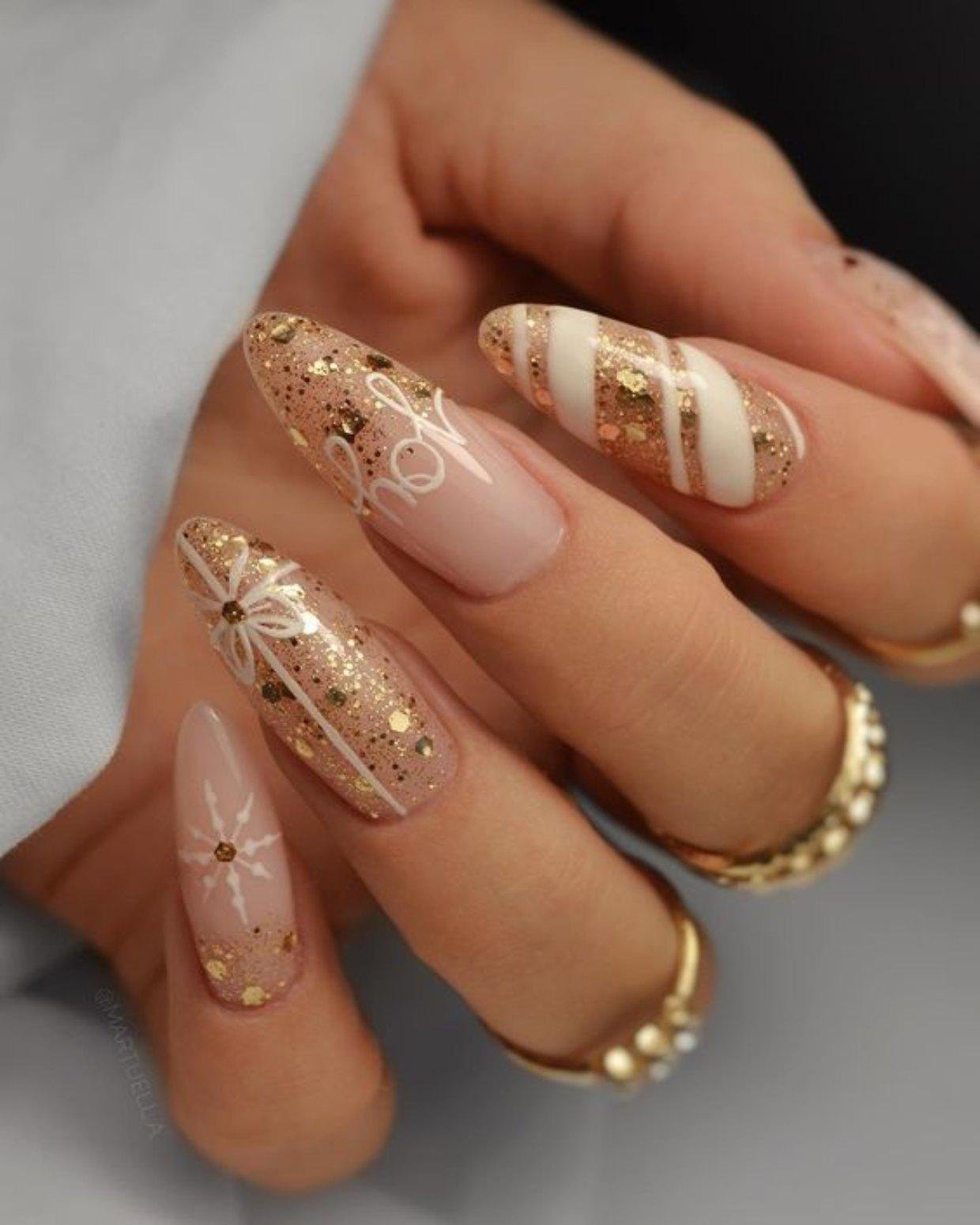 Long Almond Gold Joy Nails — Winter Wonderland Nails