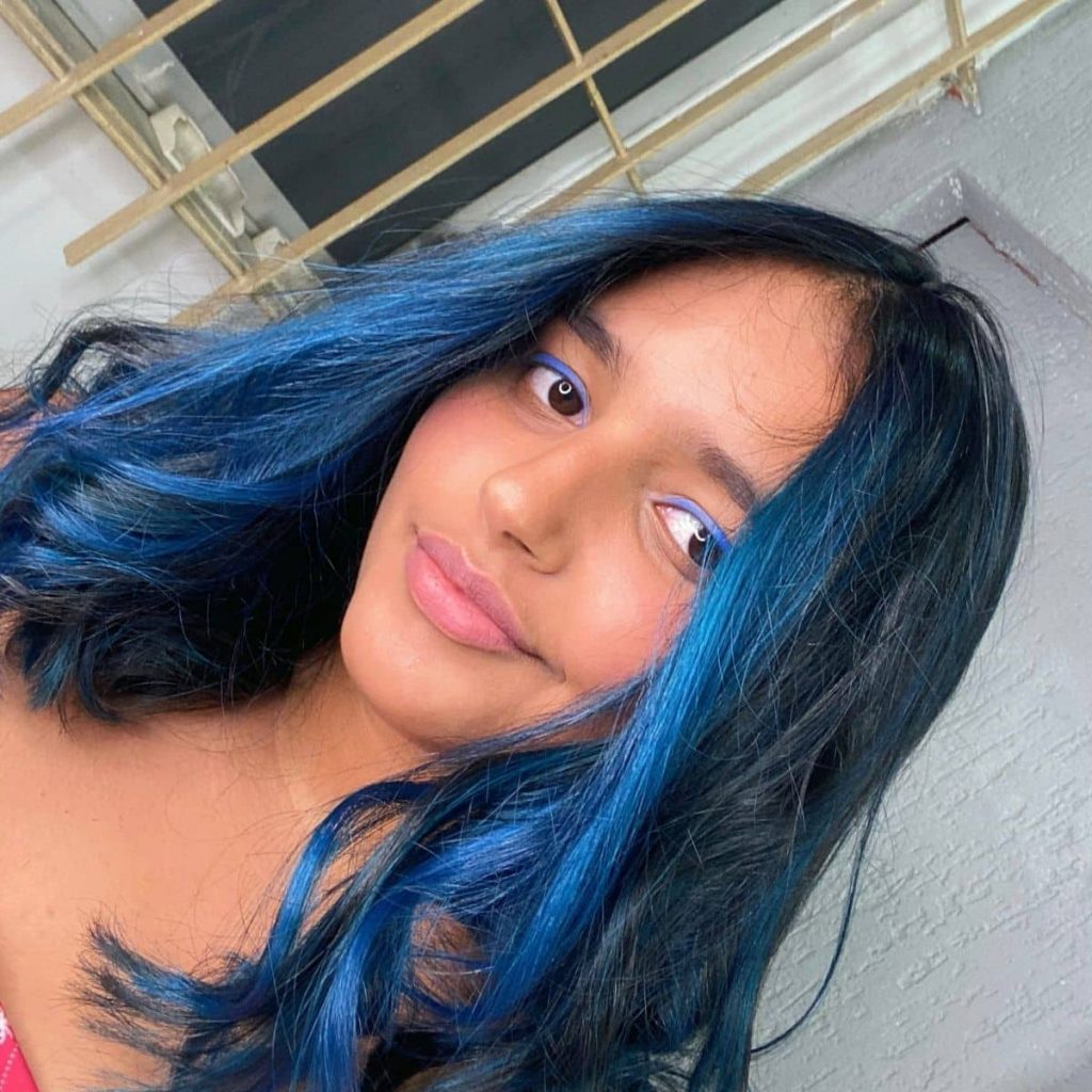 Wavy Collarbone Cut With Blue Highlights — Blue Black Hair