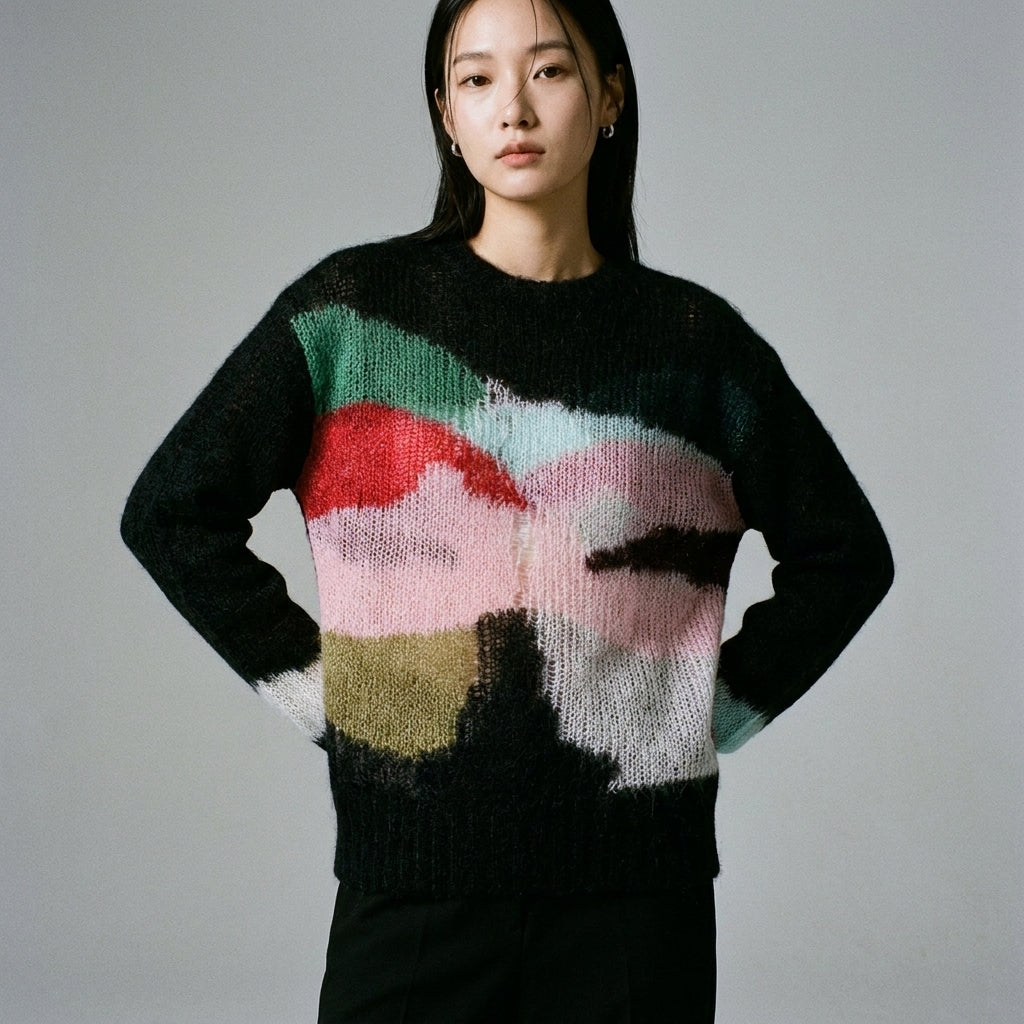 Black Knit Sweater with Abstract Colorful Pattern — Korean Winter Outfits