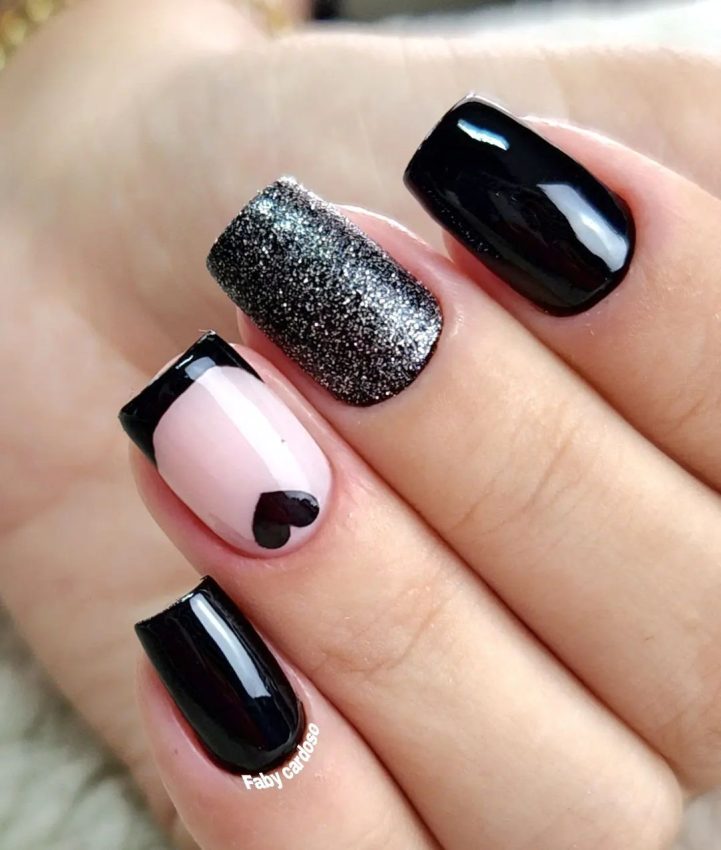 Pink French With Black Heart And Glitter Pink French With Black Heart And Glitter — Winter Black Nails