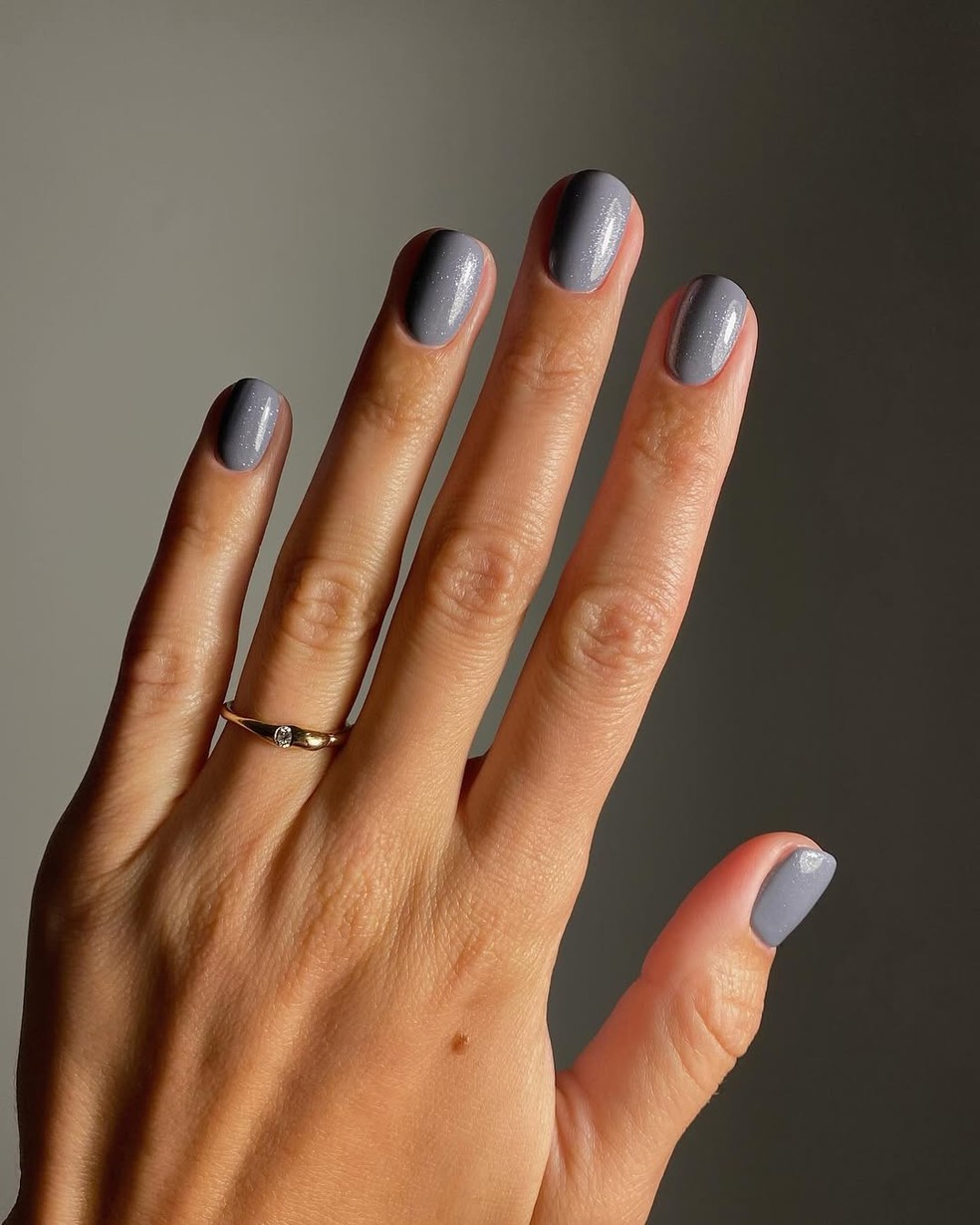 Cool Grey with Silver Shimmer Almonds Cool Grey with Silver Shimmer Almonds — Winter Nail Colors for Women Over 50