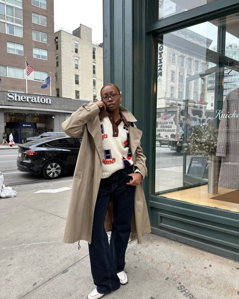 Classic Trench Coat with Patterned Knit — Early Winter Outfits