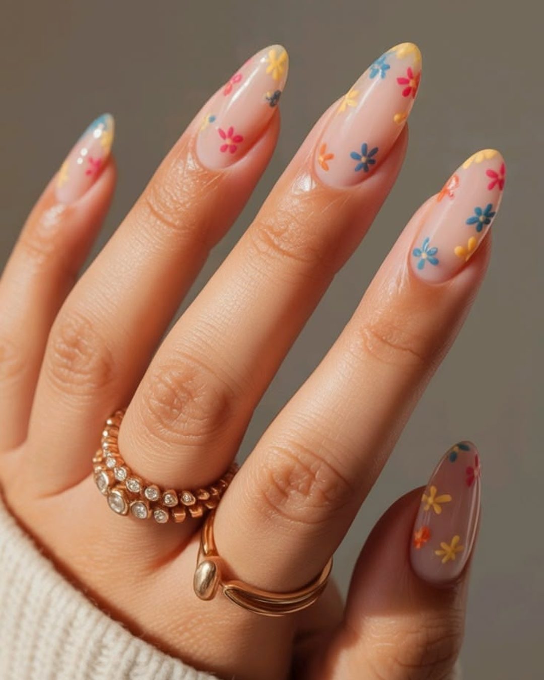 Sheer Base Floral Accent Nails — Pastel Winter Nails