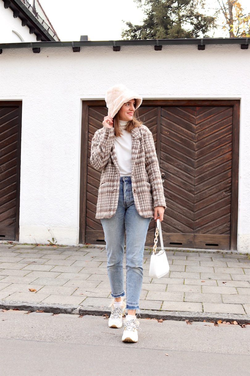 White Faux Fur Bucket Hat with Cropped Jacket — Fur Hat Outfits