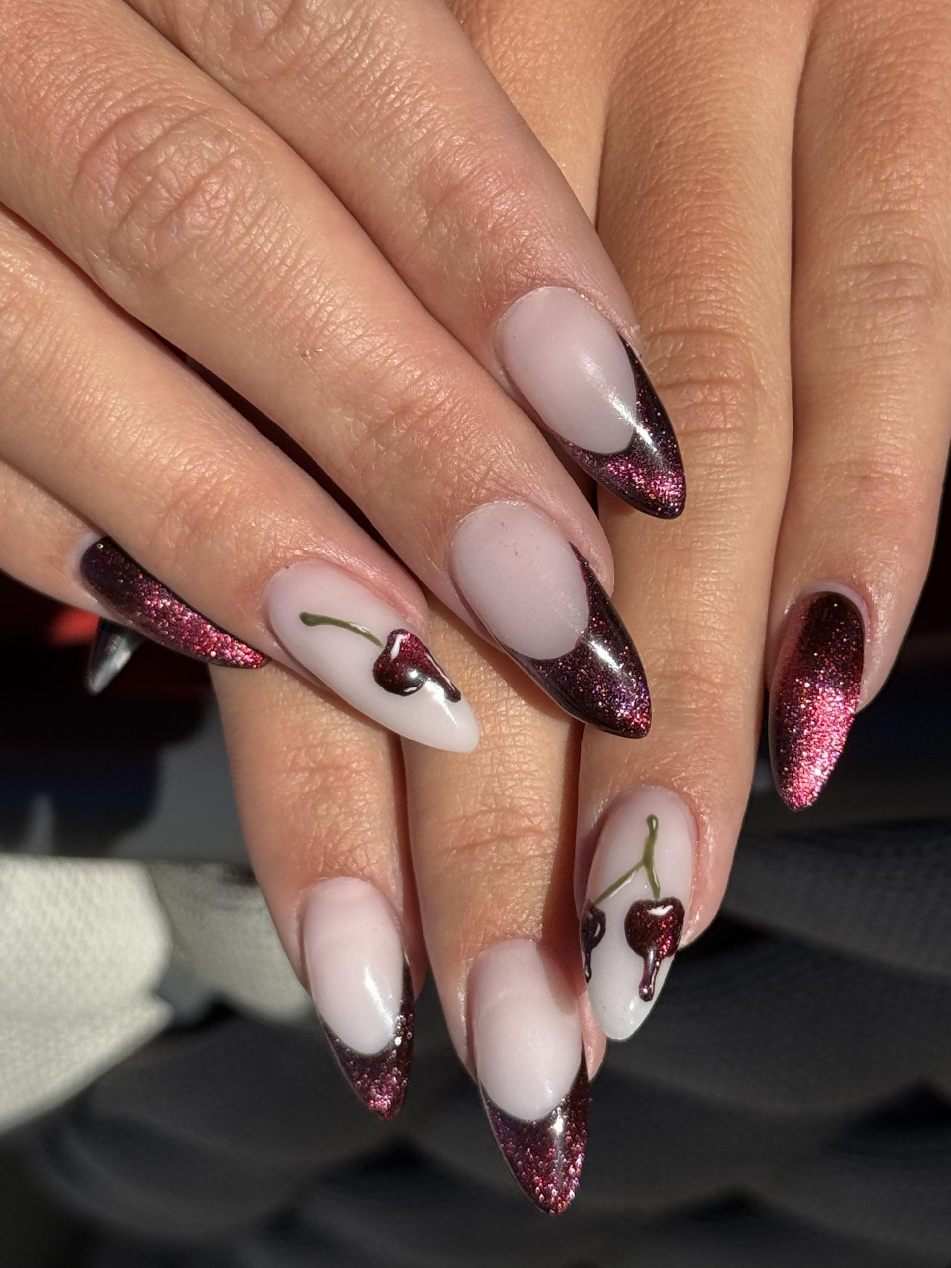 Glitter Cherry French Tips with Motifs — Black Cherry Nails