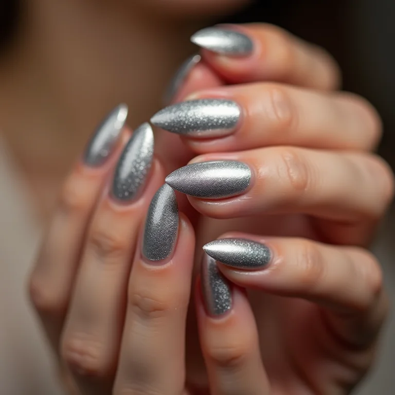 Shimmering Silver Metallic Stilettos Shimmering Silver Metallic Stilettos — Winter Acrylic Nails