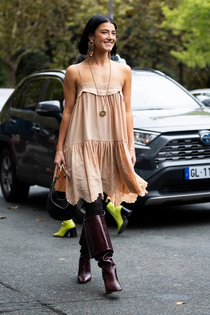 Burgundy Leather Slouchy Boots with Tiered Dress — Slouchy Boots Outfits