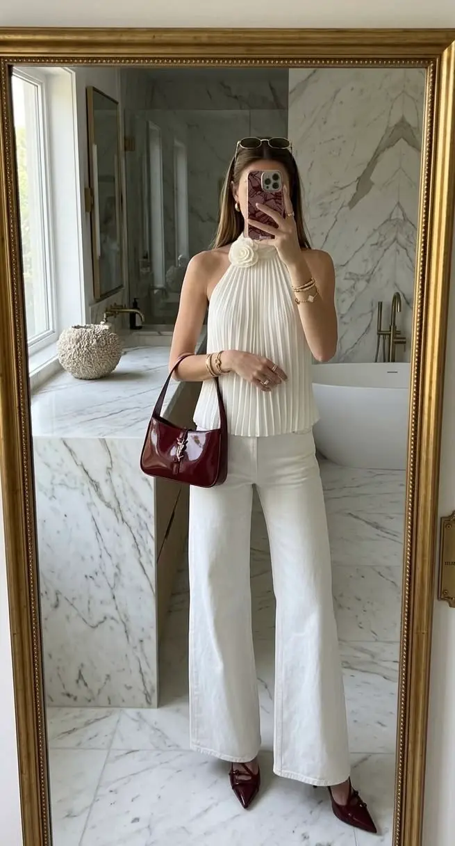 White Halter Top and Wide-Leg Trousers: Breezy Spring Sophistication — Winter to Spring Transition Outfits