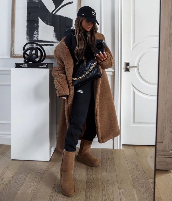 Loungewear Chic with Teddy Coat and Sweatpants — Ugg Boots Outfits