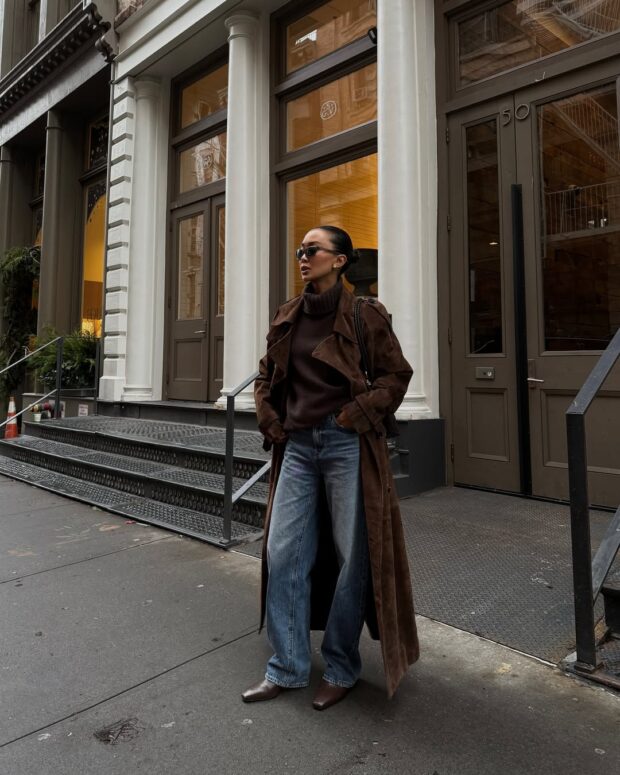 Brown Turtleneck with Wide-Leg Jeans and Suede Trench Coat — Turtleneck Outfits