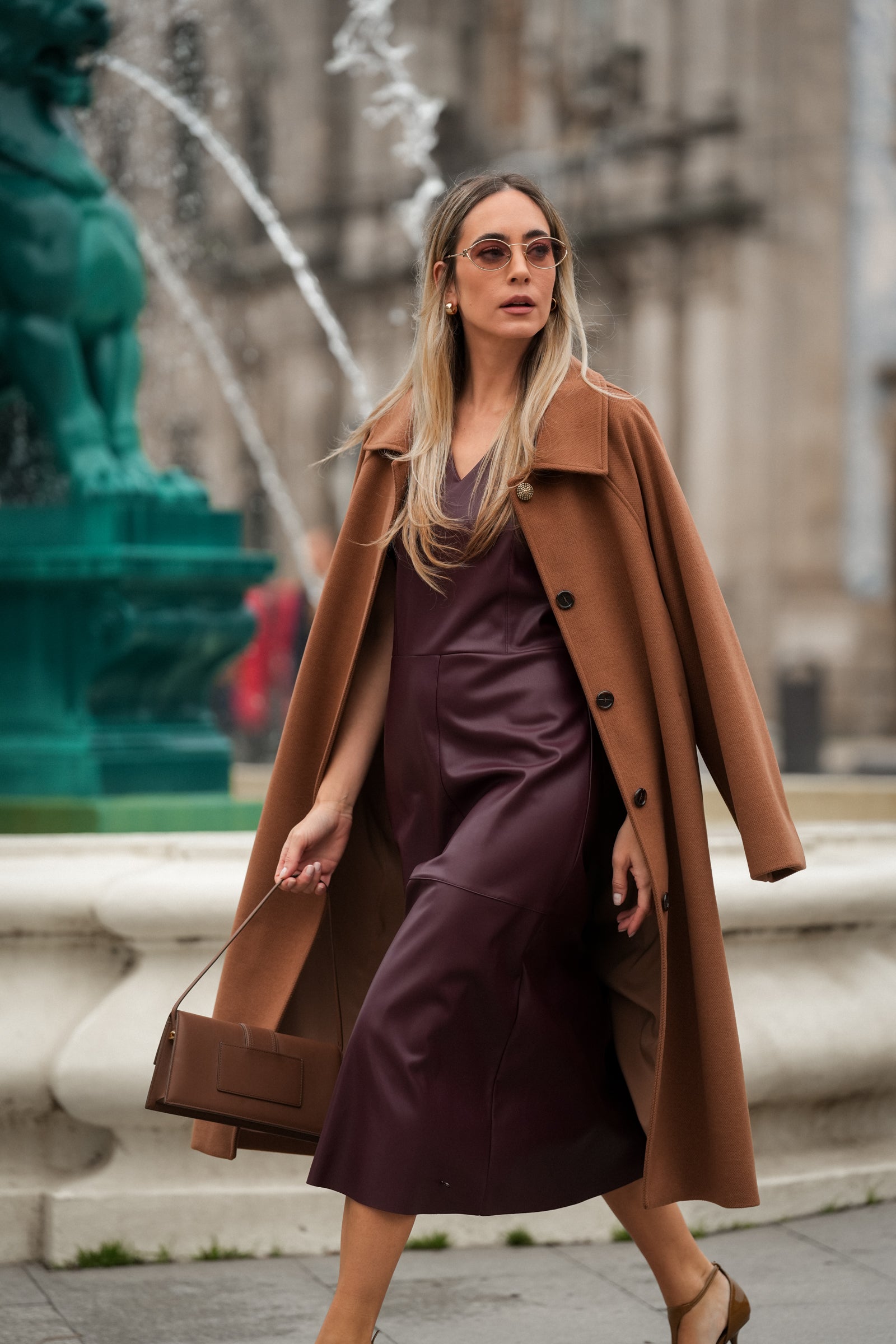 Brown Coat Draped Over a Slip Dress for Evening — Long Coat Outfits