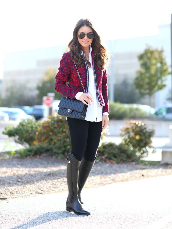Elegant Black Riding Boots with Velvet Mini Dress and Bow Blouse — Riding Boots Outfits