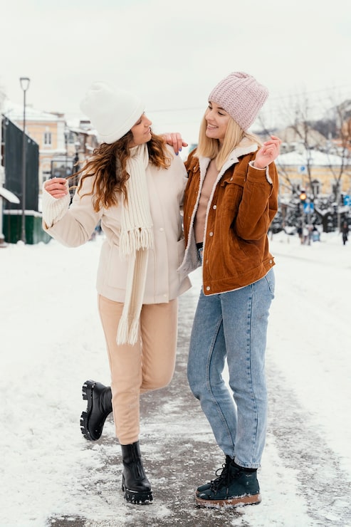 Contrasting Puffers and Beanies for a Duo Snow Day — Snow Day Outfits