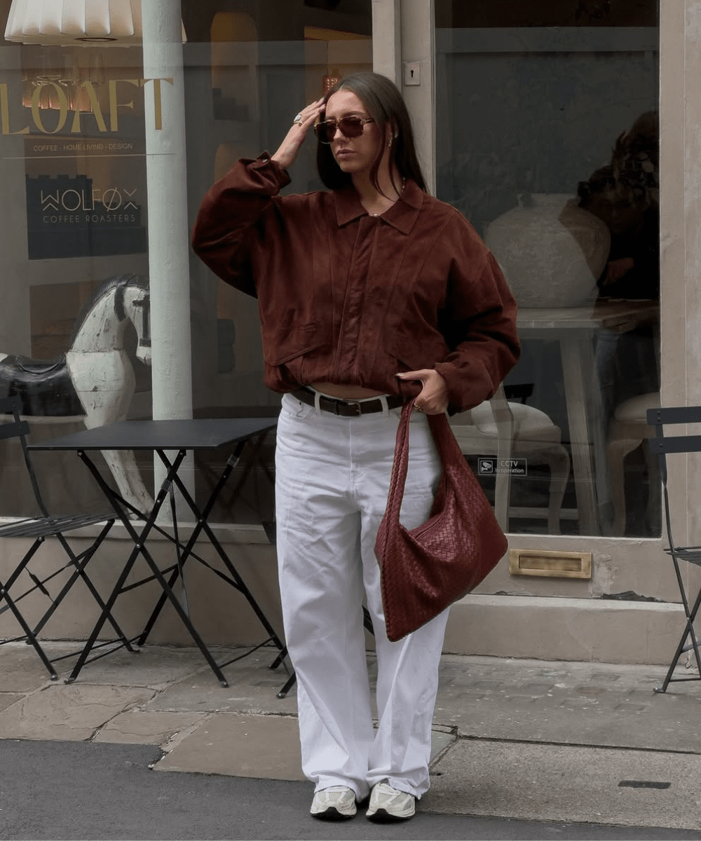 Relaxed Daywear: Brown Suede Jacket with White Trousers — Brown Coat Outfits