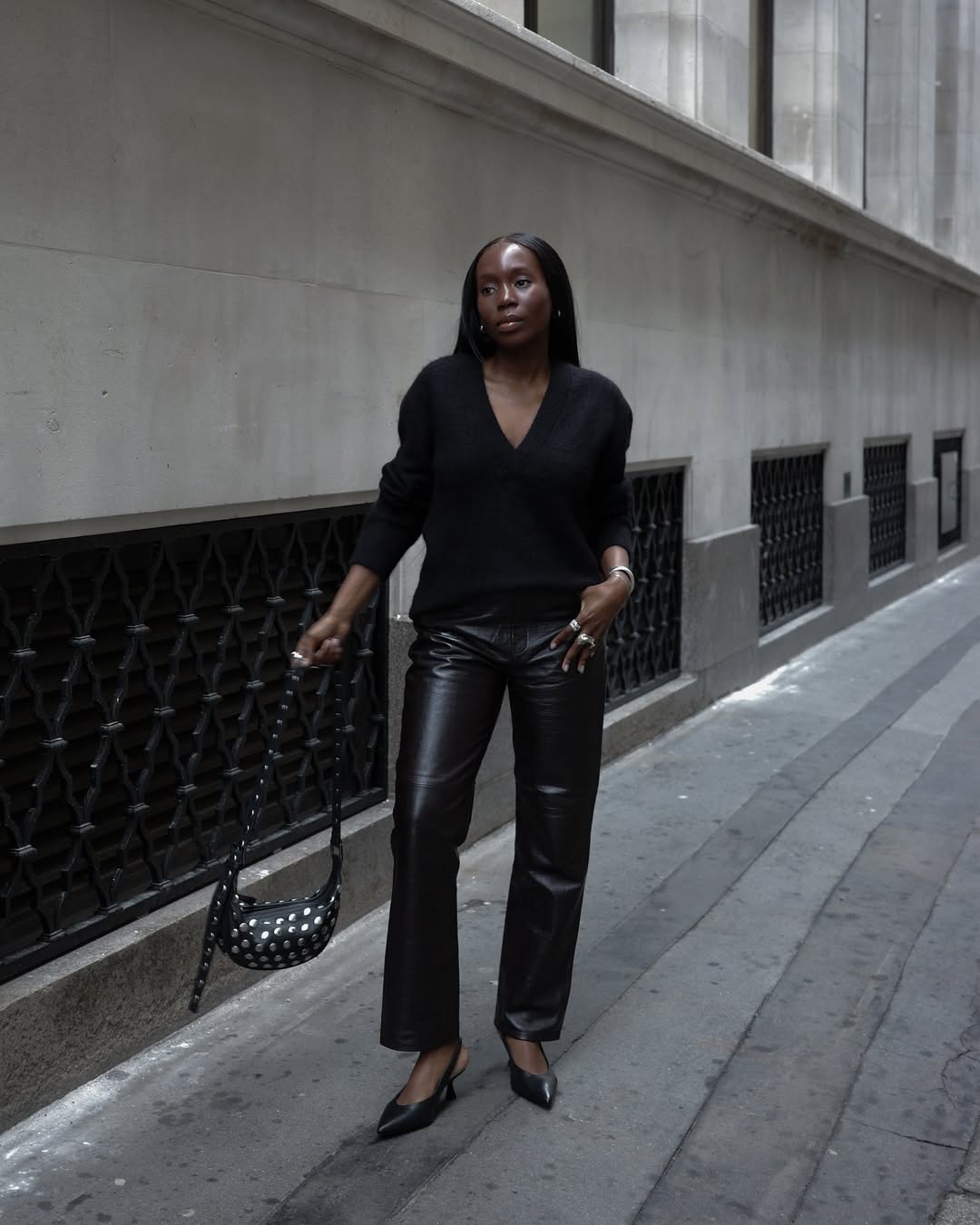 Pointed Toe Slingbacks Outfit Idea — All Black Winter Outfits