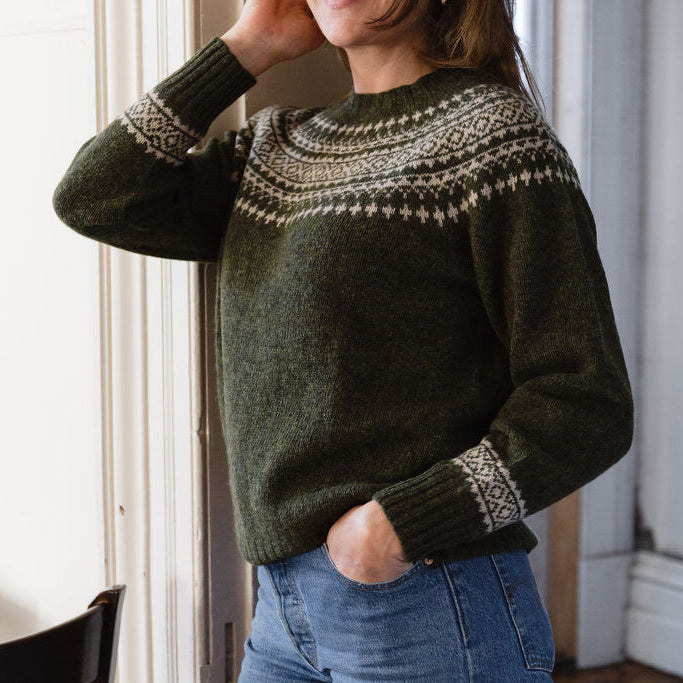 Olive Green Wool Fair Isle Sweater Detail — Fair Isle Sweater Outfits