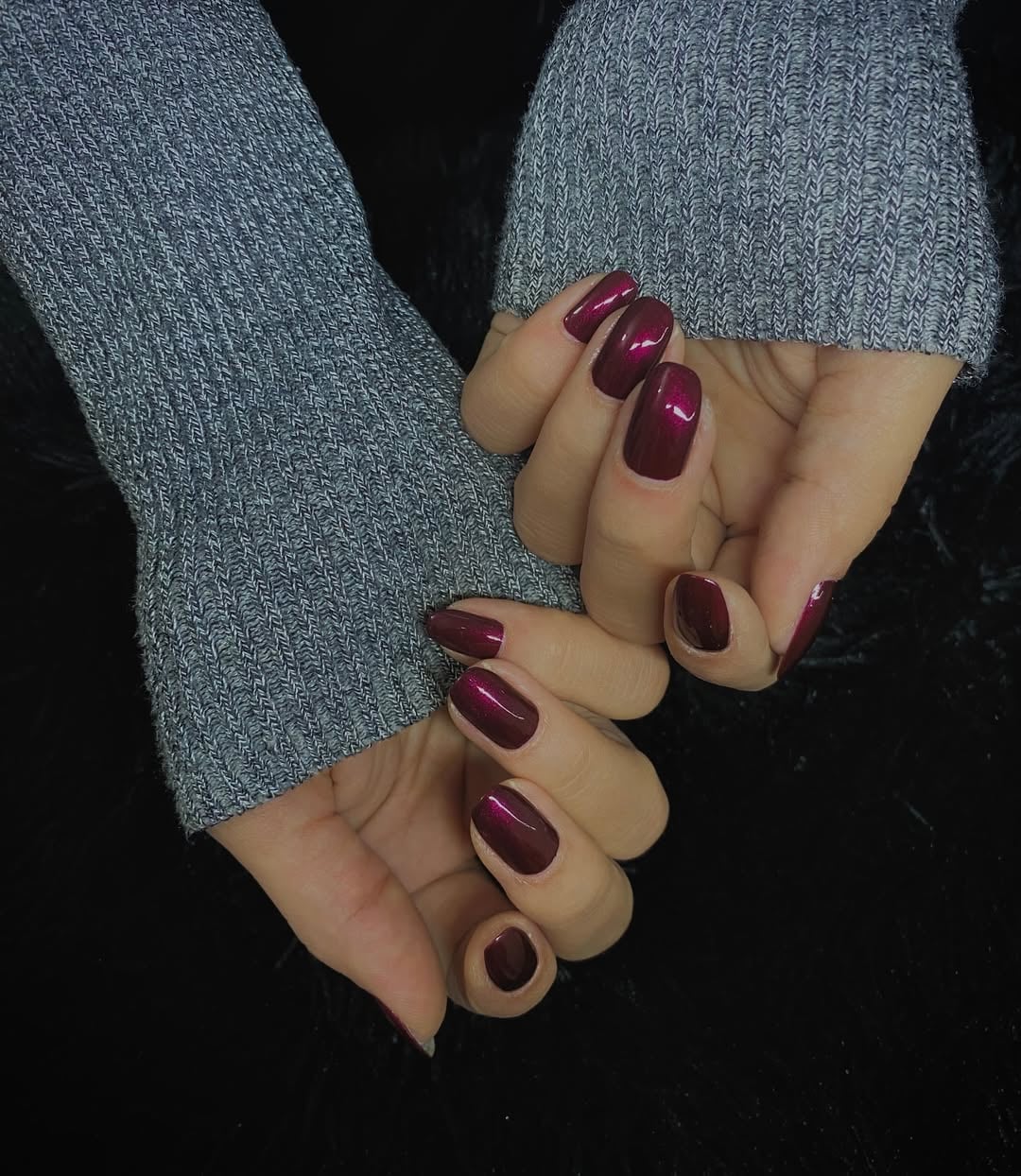 Deep Berry Shimmer Glossy Medium Squovals — Winter Squoval Nails